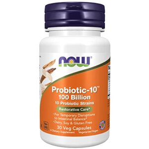 now supplements, probiotic-10™, 100 billion, with 10 probiotic strains,dairy, soy and gluten free, strain verified, 30 veg capsules