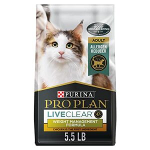 purina pro plan allergen reducing, weight control dry cat food, liveclear chicken and rice formula – 5.5 lb. bag