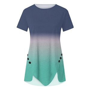 Womens Tie Dye Gradient Tshirt Side Split Button Irregular Hem Tops Short Sleeve Crewneck Blouse Plus Size Hide Belly Tunic