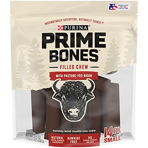 Purina Prime Bones Made in USA Facilities Natural Small Dog Treats, Filled Chew With Pasture-Fed Bison - 14 ct. Pouch