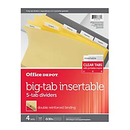 Office Depot Brand Insertable Dividers with Big Tabs, Buff, Clear Tabs, 5-Tab, Pack of 4 Sets