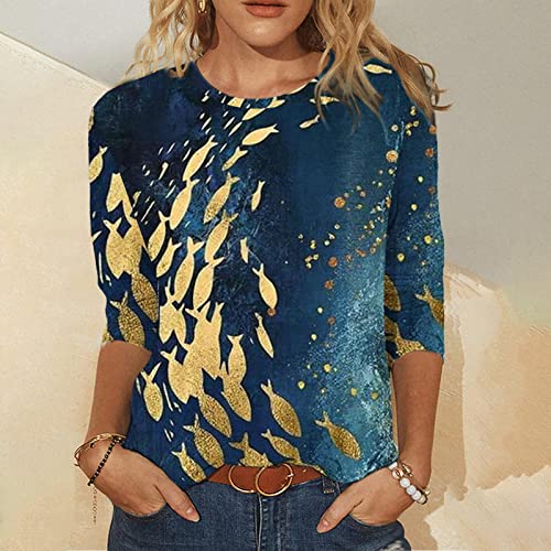 Royal Blue Top Tee for Female Summer Fall Long Sleeve 3/4 Sleeve Crew Neck Cotton Graphic Sequin Sparkly Loose Fit Casual Top X8 S