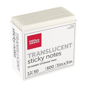 office depot® brand translucent sticky notes, with storage tray, 3″ x 3″, clear, 50 notes per pad, pack of 12 pads