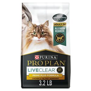 purina pro plan allergen reducing senior cat food, liveclear adult 7+ prime plus chicken and rice formula – 3.2 lb. bag