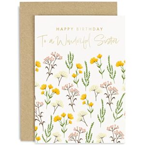 old english co. happy birthday card for wonderful sister from brother or sister – cute floral design with gold foil – colourful artistic sister birthday cards | blank inside with envelope