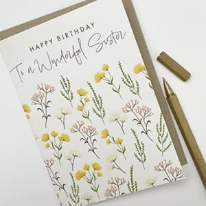 Old English Co. Happy Birthday Card for Wonderful Sister from Brother or Sister - Cute Floral Design with Gold Foil - Colourful Artistic Sister Birthday Cards | Blank Inside with Envelope