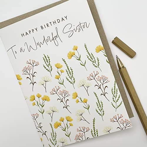 Old English Co. Happy Birthday Card for Wonderful Sister from Brother or Sister - Cute Floral Design with Gold Foil - Colourful Artistic Sister Birthday Cards | Blank Inside with Envelope