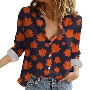 Button Down Shirts for Women Collared Long Sleeve Loose Fall Blouses Trendy Casual Boho Print Hawaiian Spring Patterned Autumn Tunic Tops Cottagecore Loose Fit to Wear with Maple Leaves Orange