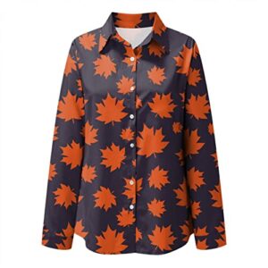 Button Down Shirts for Women Collared Long Sleeve Loose Fall Blouses Trendy Casual Boho Print Hawaiian Spring Patterned Autumn Tunic Tops Cottagecore Loose Fit to Wear with Maple Leaves Orange