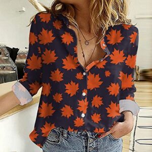 Button Down Shirts for Women Collared Long Sleeve Loose Fall Blouses Trendy Casual Boho Print Hawaiian Spring Patterned Autumn Tunic Tops Cottagecore Loose Fit to Wear with Maple Leaves Orange