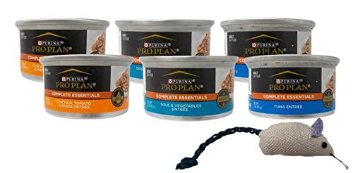 Purina Pro Plan Cat Food Canned Wet Entree 3 Flavor 6 Can Sampler Bundle, (2) Each: Chicken Tomato Pasta Gravy, Sole Vegetable, and Tuna Entree Sauce (3 Ounces) Plus Catnip Mouse