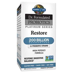 Garden of Life Dr. Formulated Probiotics Platinum Series Restore 200 Billion CFU High Potency Formula, Vegan, Non-GMO, Gluten, Dairy & Soy Free Digestive Immune Probiotic Support, 28 Capsules