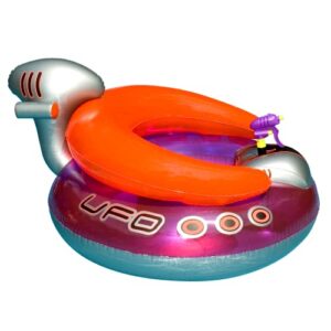 swimline original inflatable ufo spaceship pool float ride on with fun constant flow laser ray gun water squirter for kids , cool retro style, for beach ocean pool lake , extra thick large floatie