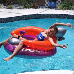 SWIMLINE ORIGINAL Inflatable UFO Spaceship Pool Float Ride On With Fun Constant Flow Laser Ray Gun Water Squirter For Kids , Cool Retro Style, For Beach Ocean Pool Lake , Extra Thick Large Floatie