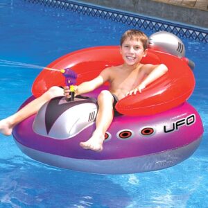 SWIMLINE ORIGINAL Inflatable UFO Spaceship Pool Float Ride On With Fun Constant Flow Laser Ray Gun Water Squirter For Kids , Cool Retro Style, For Beach Ocean Pool Lake , Extra Thick Large Floatie