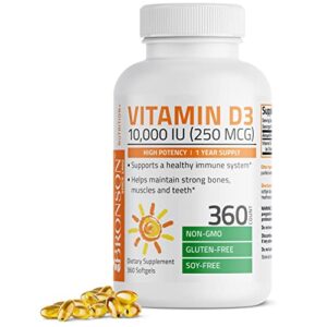 bronson vitamin d3 10,000 iu (250 mcg) high potency – supports healthy immune system, strong bones, muscles & teeth – non gmo, 360 softgels (1 year supply)