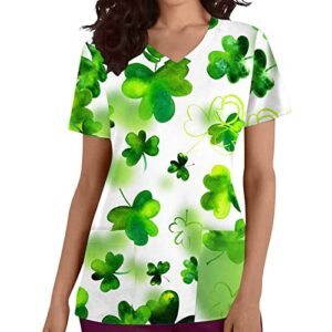fashion women st patricks day scrub tops lucky green clover wine glass funny sayings tee v neck nursing shirts