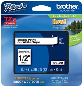 genuine brother 1/2″ (12mm) black on white tze p-touch tape for brother pt-1760, pt1760 label maker with free tze tape guide included