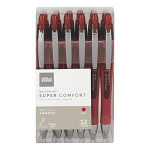 office depot super comfort grip retractable ballpoint pens, 1.0 mm, medium point, red barrels, red ink, 12 pk, bp12red
