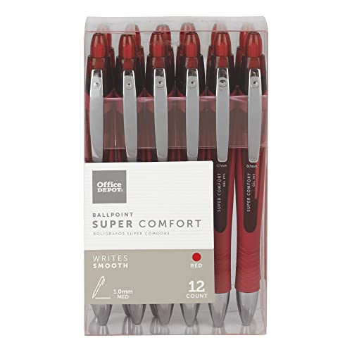 Office Depot Super Comfort Grip Retractable Ballpoint Pens, 1.0 mm, Medium Point, Red Barrels, Red Ink, 12 pk, BP12RED