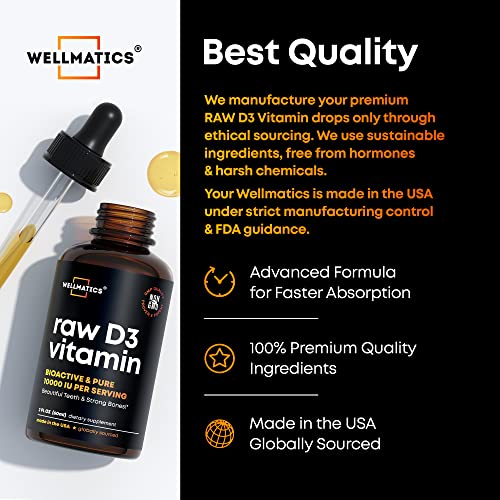 Wellmatics Vitamin D3 10000 IU Drops - Premium Vitamin D Drops - Made in USA - High Dose D3 Vitamin - Natural Vegan Vitamin D3 - The Sunshine Vitamin D3 Drops - Non-GMO, Gluten Free VIT D3-2 fl oz