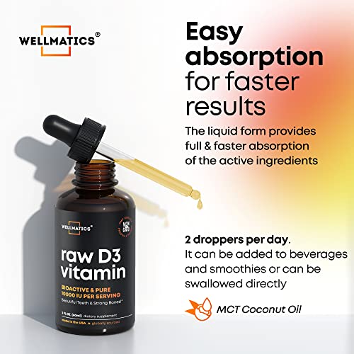 Wellmatics Vitamin D3 10000 IU Drops - Premium Vitamin D Drops - Made in USA - High Dose D3 Vitamin - Natural Vegan Vitamin D3 - The Sunshine Vitamin D3 Drops - Non-GMO, Gluten Free VIT D3-2 fl oz