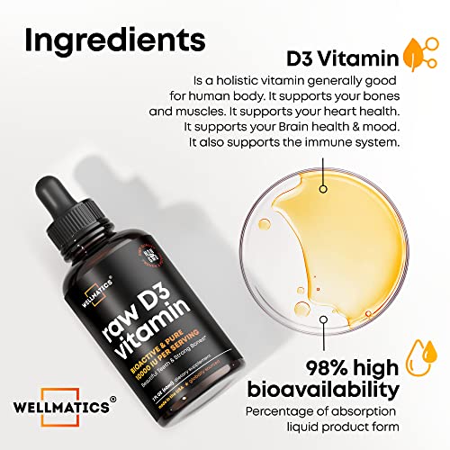 Wellmatics Vitamin D3 10000 IU Drops - Premium Vitamin D Drops - Made in USA - High Dose D3 Vitamin - Natural Vegan Vitamin D3 - The Sunshine Vitamin D3 Drops - Non-GMO, Gluten Free VIT D3-2 fl oz