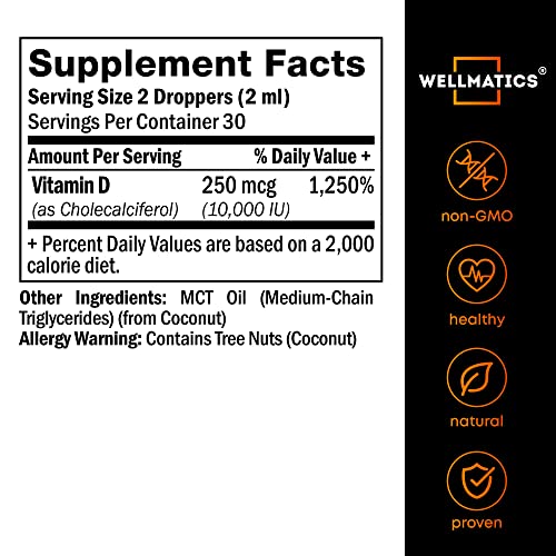 Wellmatics Vitamin D3 10000 IU Drops - Premium Vitamin D Drops - Made in USA - High Dose D3 Vitamin - Natural Vegan Vitamin D3 - The Sunshine Vitamin D3 Drops - Non-GMO, Gluten Free VIT D3-2 fl oz