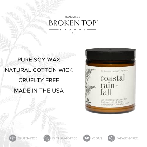 Broken Top - Coastal Rainfall|9 oz. Cucumber, Violet & Foliage. Pure Soy Wax Candle. 50-Hour Burn Time. Natural Cotton Wick, Vegan, No Parabens, No Phthalates