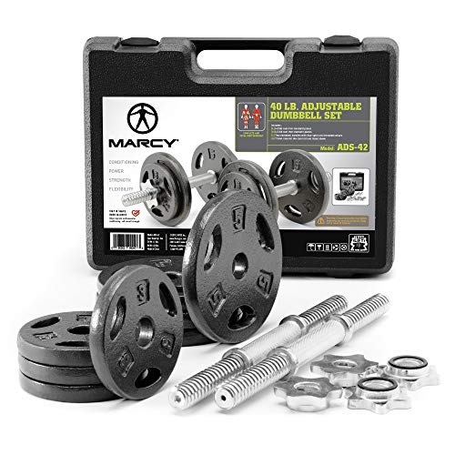 Marcy Adjustable Cast Iron Dumbbell Set with Case, Plates, Handles and Collars ADS-42, Chrome, 40 lb.