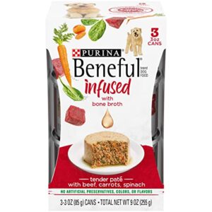 beneful purina infused wet dog food pate, with real beef, carrots and spinach, with bone broth for dogs – (8 packs of 3) 3 oz. sleeves