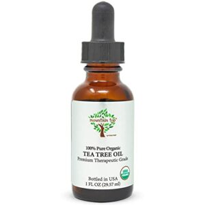 mountain top organic tea tree essential oil with glass dropper – usda certified 100% pure premium therapeutic grade diffuser oil for aromatherapy, relaxation, refreshing, cleansing, immunity support