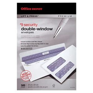 Office Depot 100% Recycled Lift Press(TM) Double-Window Envelopes, #9 (3 7/8in. x 8 7/8in.), White, Pack Of 500, 76169