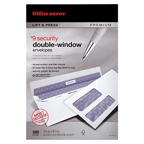 Office Depot 100% Recycled Lift Press(TM) Double-Window Envelopes, #9 (3 7/8in. x 8 7/8in.), White, Pack Of 500, 76169