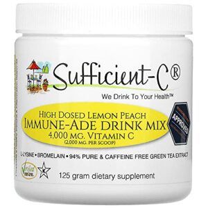 sufficient-c high dose non-gmo vitamin c lemon peach immune-ade drink mix, convenient 125 grams – with l-lysine, bromelain and a premium 96% pure green tea extract – immune, thyroid and collagen support for healthy skin – uti, acne, cold and canker sore,