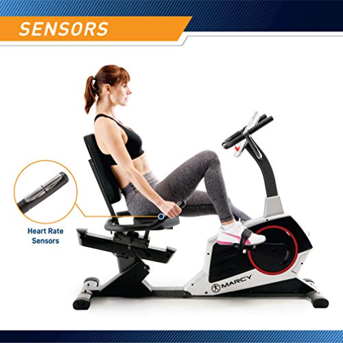 Marcy Regenerating Recumbent Exercise Bike with Adjustable Seat, Pulse Monitor and Transport Wheels ME-706