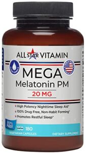 all-star vitamin mega-melatonin pm 20mg, high potency, 180 vegetarian capsules, clean-formulated, non-gmo, gluten free, vegan, drug-free