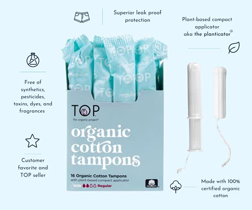 TOP the Organic Project: 100% Organic Pure Cotton Tampons | (Unscented, Dye & Chemical Free. Safe, Thin & Superior Protection), Eco-Conscious, Plant Based Applicator, Regular (16)