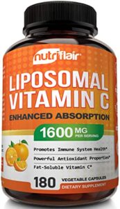 nutriflair liposomal vitamin c 1600mg, 180 capsules – high absorption, fat soluble vit c, antioxidant supplement, higher bioavailability immune system support & collagen booster, non-gmo, vegan pills