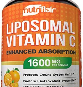 NutriFlair Liposomal Vitamin C 1600mg, 180 Capsules - High Absorption, Fat Soluble VIT C, Antioxidant Supplement, Higher Bioavailability Immune System Support & Collagen Booster, Non-GMO, Vegan Pills