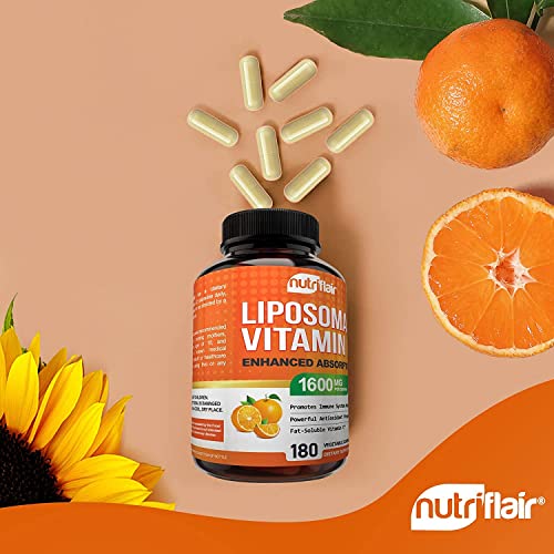 NutriFlair Liposomal Vitamin C 1600mg, 180 Capsules - High Absorption, Fat Soluble VIT C, Antioxidant Supplement, Higher Bioavailability Immune System Support & Collagen Booster, Non-GMO, Vegan Pills