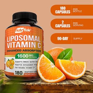 NutriFlair Liposomal Vitamin C 1600mg, 180 Capsules - High Absorption, Fat Soluble VIT C, Antioxidant Supplement, Higher Bioavailability Immune System Support & Collagen Booster, Non-GMO, Vegan Pills