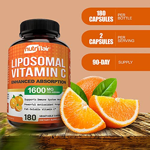 NutriFlair Liposomal Vitamin C 1600mg, 180 Capsules - High Absorption, Fat Soluble VIT C, Antioxidant Supplement, Higher Bioavailability Immune System Support & Collagen Booster, Non-GMO, Vegan Pills