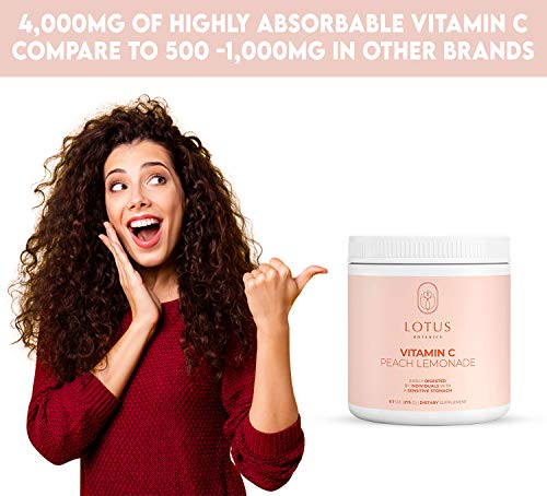 Lotus Botanics 4,000MG Vitamin C Peach Lemonade Powder | 275g (9.7oz) Easily Digested Buffered Formula| Immune Booster and Antioxidant | High dose ascorbic Acid | Vegan, Sugar-Free, Keto