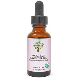 mountain top organic lavender essential oil with glass dropper – usda certified 100% pure premium therapeutic grade diffuser oil for aromatherapy, diy skin and hair products, soap making, laundry