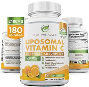 nurture alley liposomal vitamin c 2100mg- 180 capsules high absorption ascorbic acid – supports immune system and collagen booster – powerful antioxidant high dose fat soluble supplement
