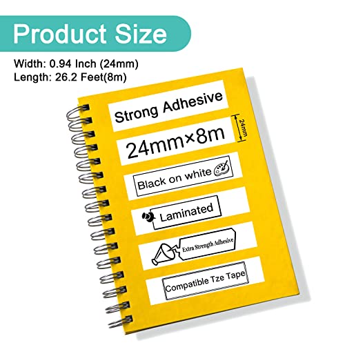 NineLeaf 4 Pack Extra Strength Label Tapes Compatible for Brother Laminated TZ-S251 TZe-S251 TZe-251 TZ-251 Black on White 24mm 1" x 8m 26.2ft for P-Touch PT-D600 PT-D610BT PT-P700 Label Maker