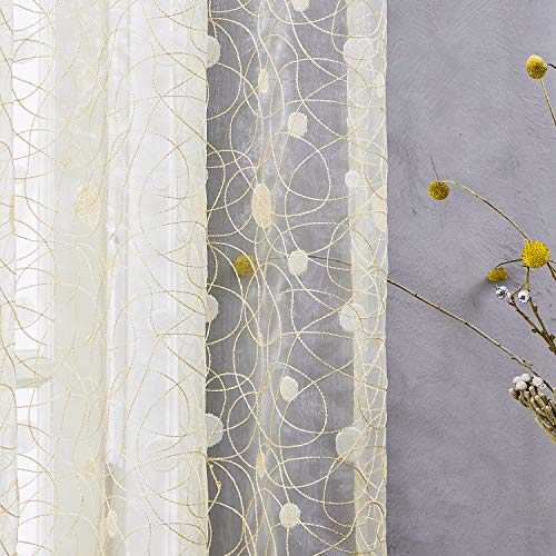 Top Finel Embroidered Dot Voile Sheer Curtains 84 Inches Long for Living Room Bedroom Grommet Window Treatments, Yellowish Light Filtering Drapes 2 Panels, (Beige, 54 W x 84 L)