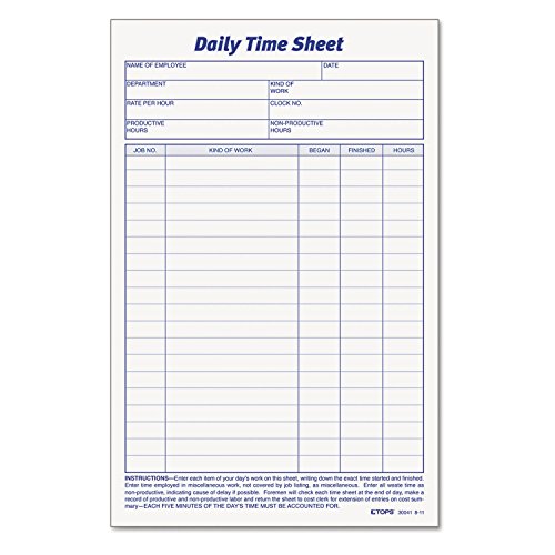 TOPS 30041 Daily Time Sheets, 6-Inch x9-1/2-Inch, 100 Sheets/Pad, 2PD/PK, White