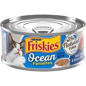 friskies purina natural wet cat food, ocean favorites meaty bits with tuna, crab & brown rice – (24) 5.5 oz. cans